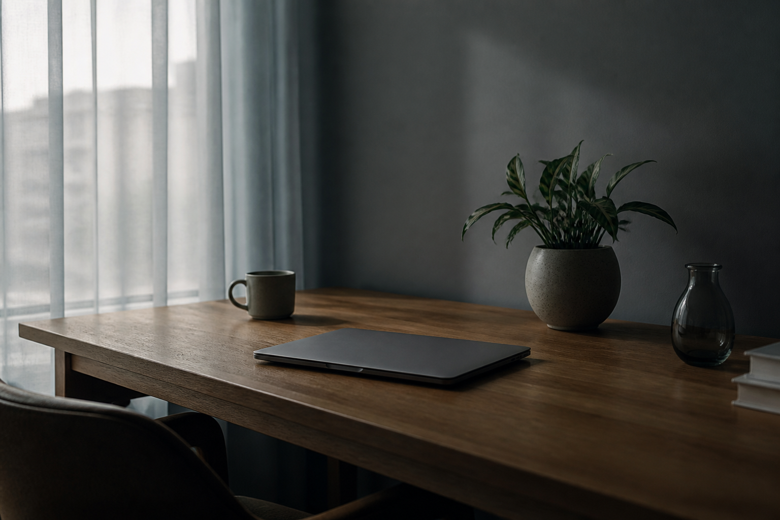 Quiet workspace with soft shadows suggesting the discomfort of undistracted silence during work