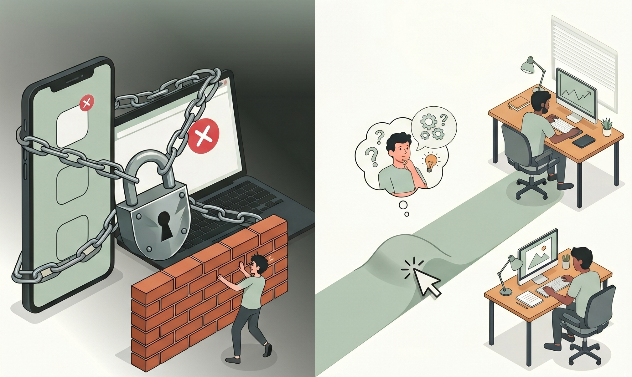 Knowledge worker at a Mac tempted to bypass a strict website blocker—why hard app blockers fail and friction-based focus tools work better