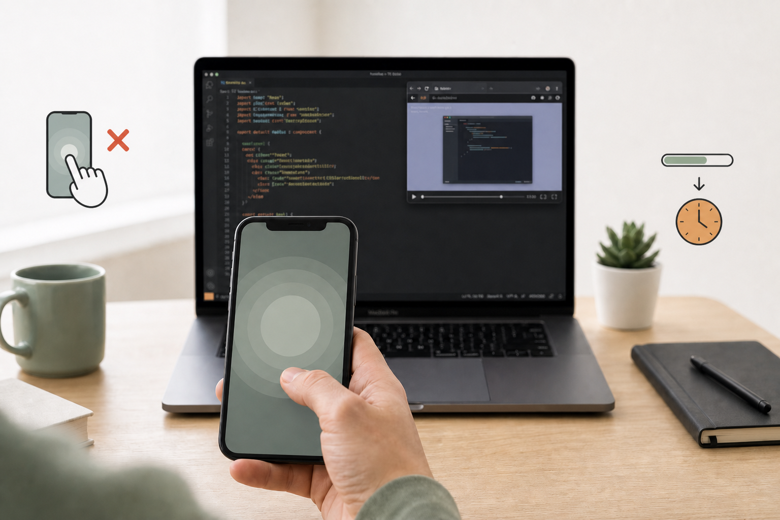 Phone breathing screen mid-dismiss beside a usable coding laptop—tap-through at every open versus a golden window then pause