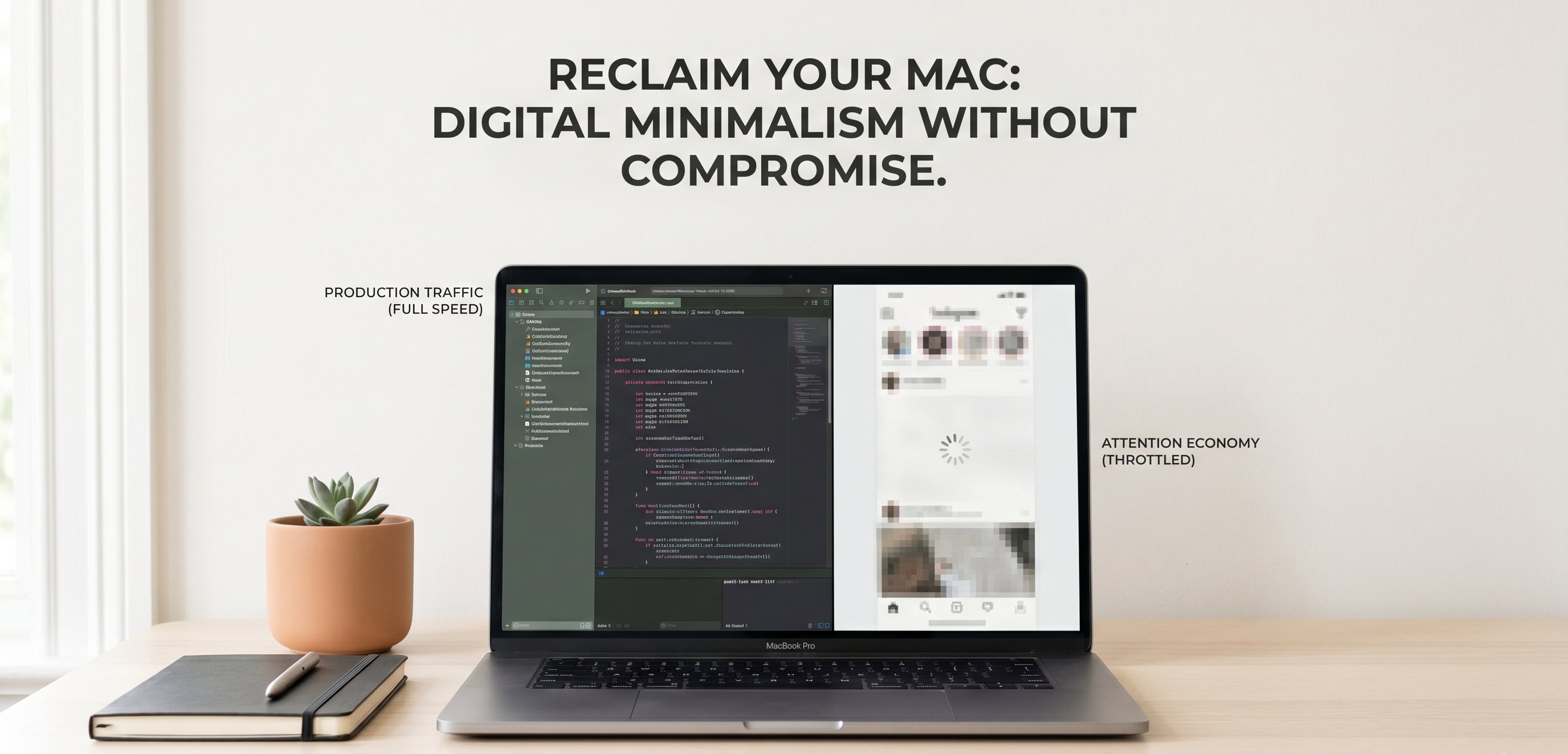 Premium Mac setup with SlowDwn throttling addictive feeds while keeping professional tools fast