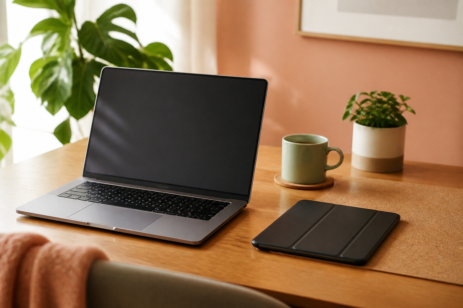 Laptop on a desk with a second screen suggestion of swapped entertainment sources during work