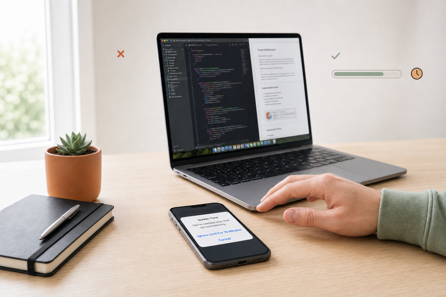 Knowledge worker at a desk facing a Screen Time Ignore Limit prompt on iPhone—one-tap override versus a golden window then calm pause