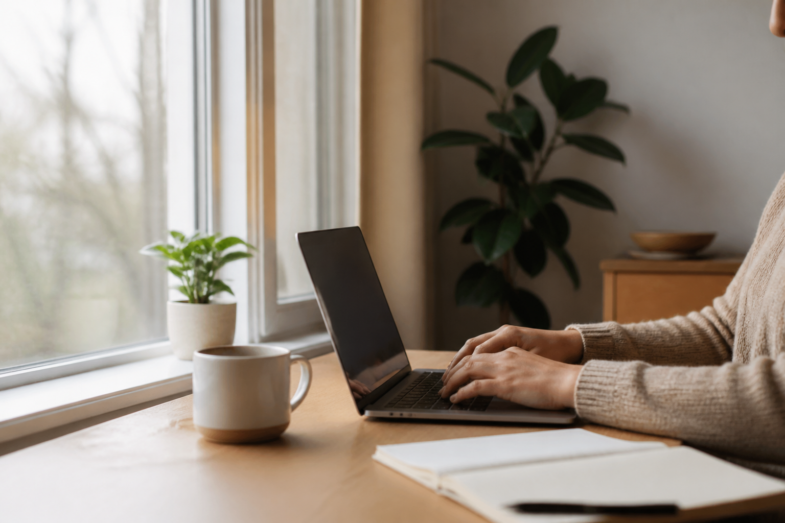 Person working alone at a laptop in a quiet room, suggesting solitude buffered by soft background presence