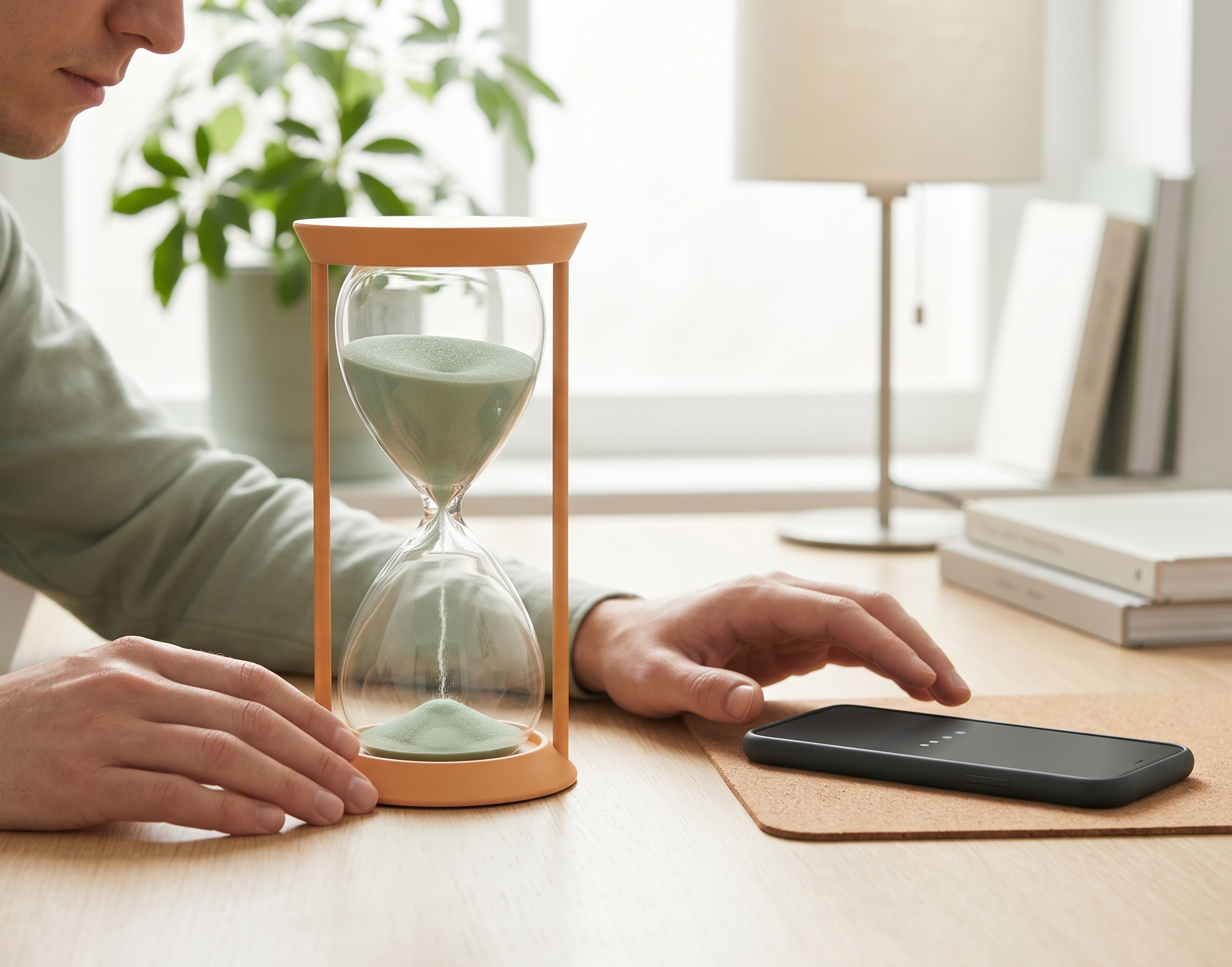 Knowledge worker at a Mac using intentional digital friction—a brief pause before impulsive browsing—to protect deep focus